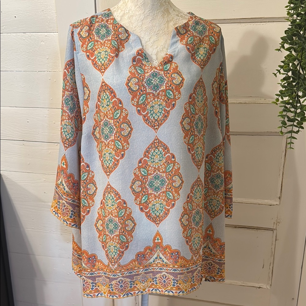 Womens Plus Size 2X Tunic Boho Mandala V-Neck Blouse Top Cynthia Rowley